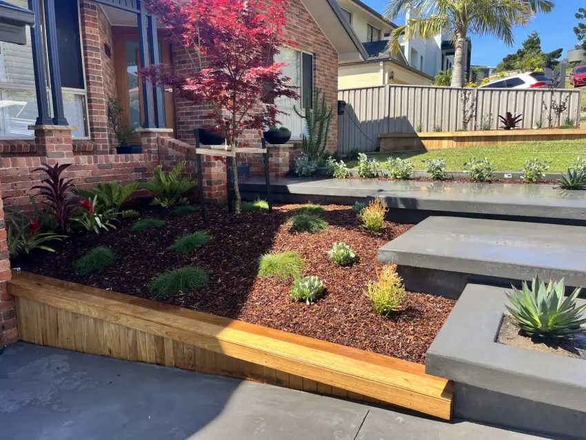 Timber-edged raised garden beds and paved steps with a Japanese maple against a brick home.
